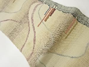 手織り真綿紬横縞に曲線模様織り出し名古屋帯